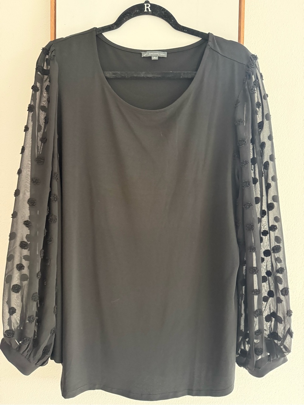 Adrianna Papell Black Blouse with Sheer Dotted Balloon Sleeves